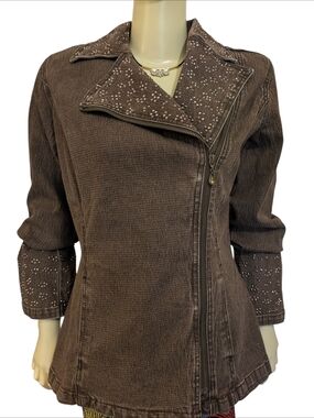 DG2 Brown Moto  Inspired Denim Jacket with Embellished Collar